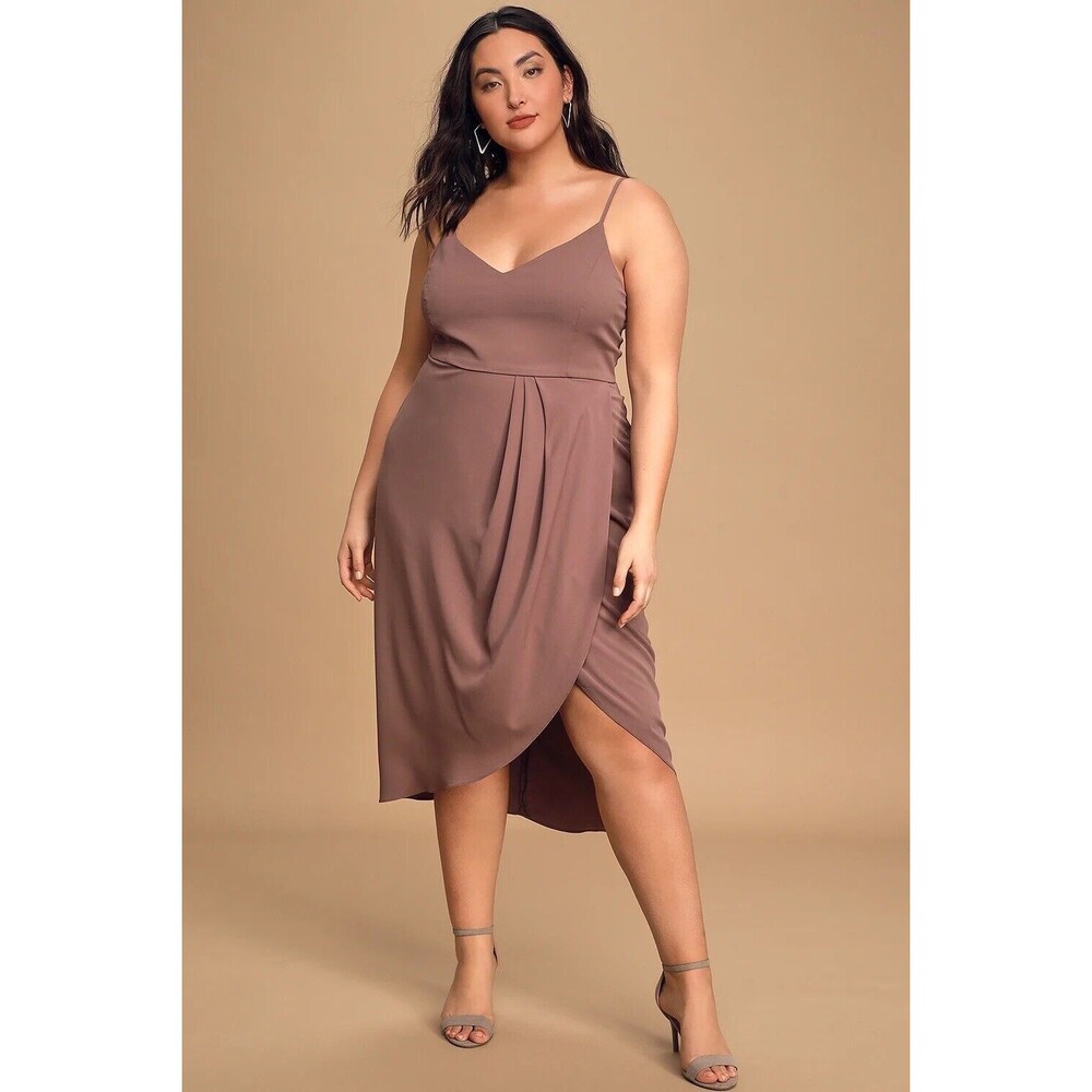 Lulu’s Dress Reinette Faux Wrap Tulip Hem Midi Spaghetti Strap Mauve Purple XL